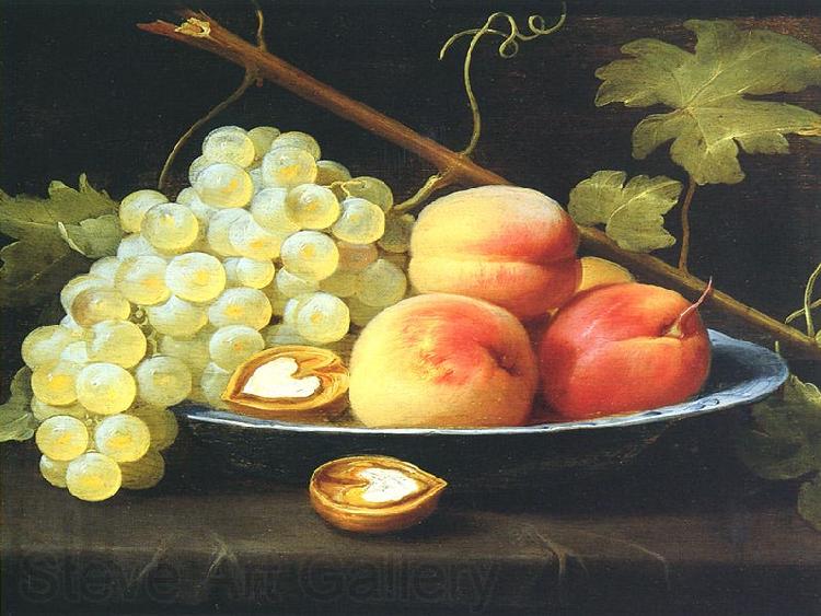 Jacob van Es Nature morte aux peches, raisins et noix sur un entablement Spain oil painting art